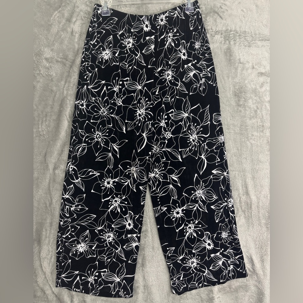 Vtg Softwear by Mark Singer Pants Women L Black Floral Wide Leg Cropped USA Y2K
